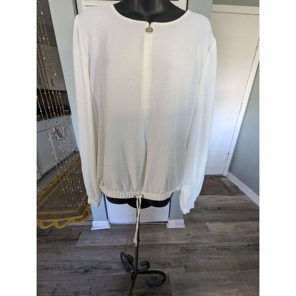 Tommy Hilfiger XL White Textured Drawstring Shirt Top Gold Zip Up Logo - Picture 2 of 8